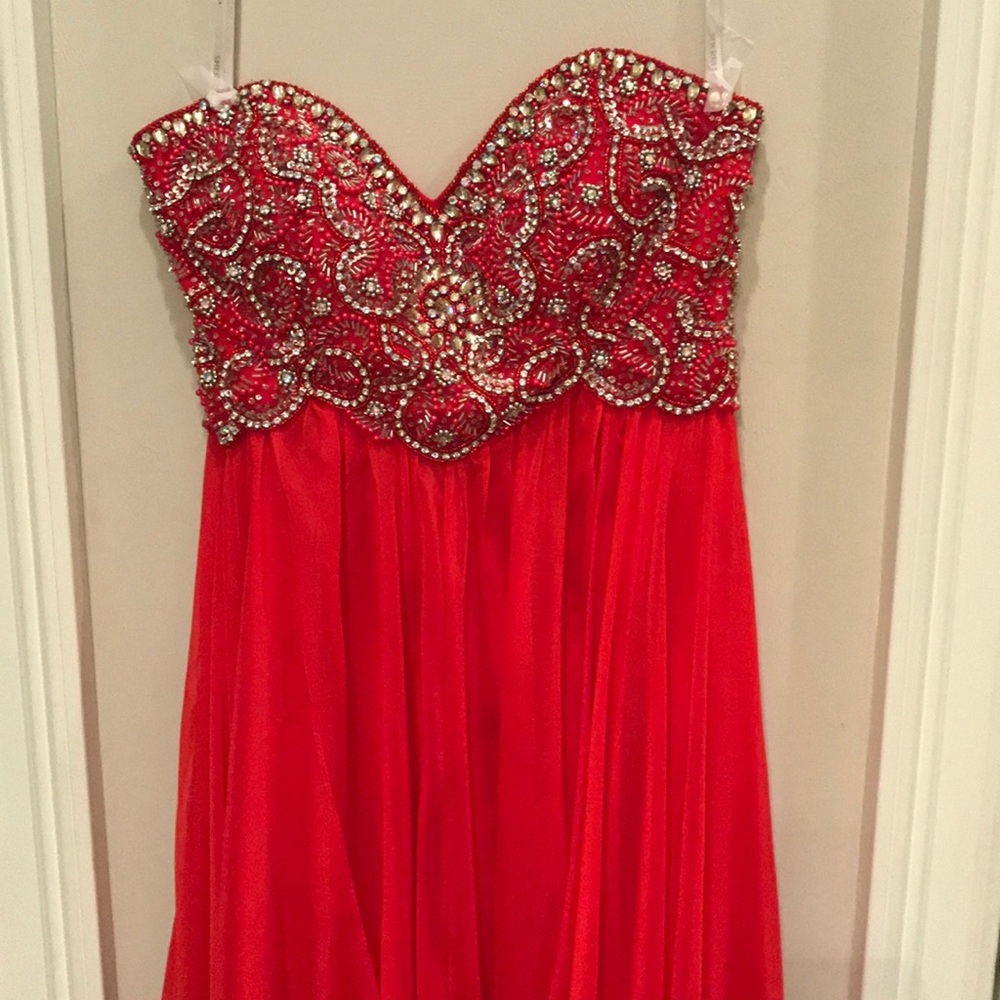 Sherri Hill red strapless formal gown